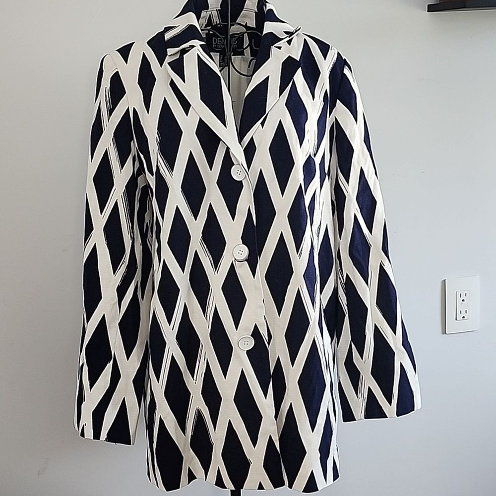 Dennis by Dennis Basso Blazer Womens 10 Navy Blue White Diamond Print Jacket - Picture 2 of 11